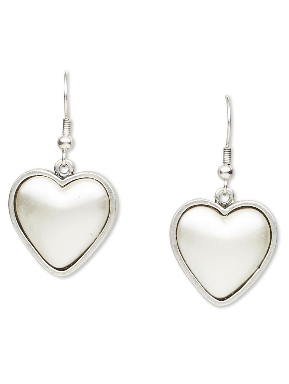 White Satin Heart Faux Pearl Modernist Silver Plated Earrings